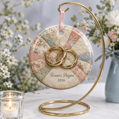 Personalized Wedding Rings Ceramic Ornament – Patchwork Quilt Background