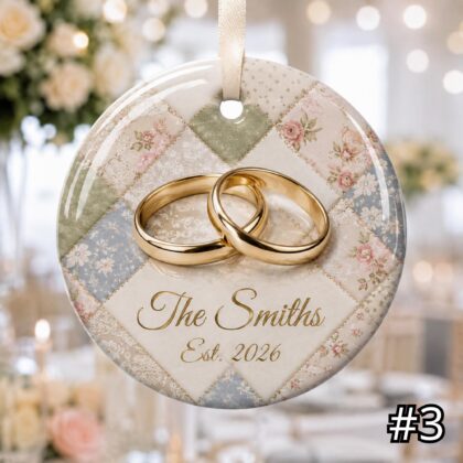 Personalized Wedding Rings Ceramic Ornament – Patchwork Quilt Background - Image 4