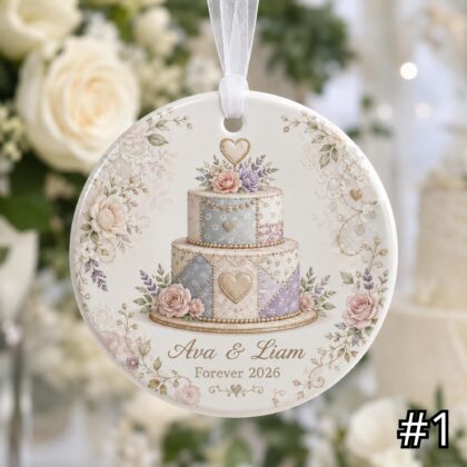 Alternative view of Personalized Wedding Cake Ceramic Ornament – Patchwork Quilt Style Bridal Shower Keepsake