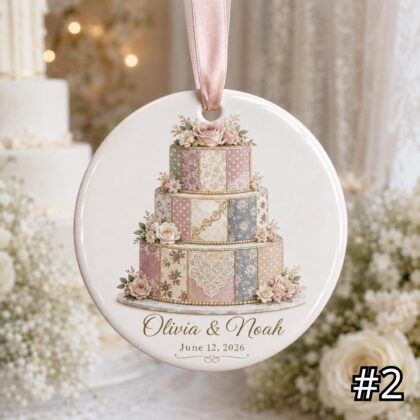 Personalized Wedding Cake Ceramic Ornament – Patchwork Quilt Style Bridal Shower Keepsake - Image 3