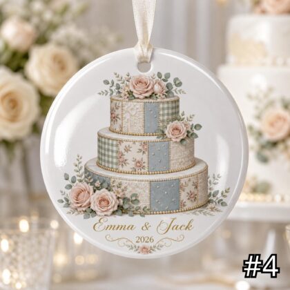 Personalized Wedding Cake Ceramic Ornament – Patchwork Quilt Style Bridal Shower Keepsake - Image 5