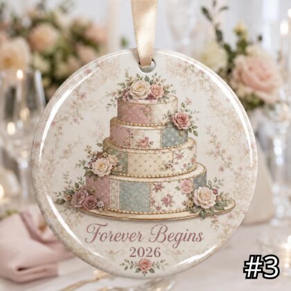 Personalized Wedding Cake Ceramic Ornament – Patchwork Quilt Style Bridal Shower Keepsake - Image 4