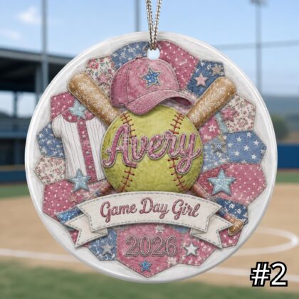 Alternative view of Personalized Softball Baseball Ceramic Ornament – Patchwork Quilt Style Sports Keepsake