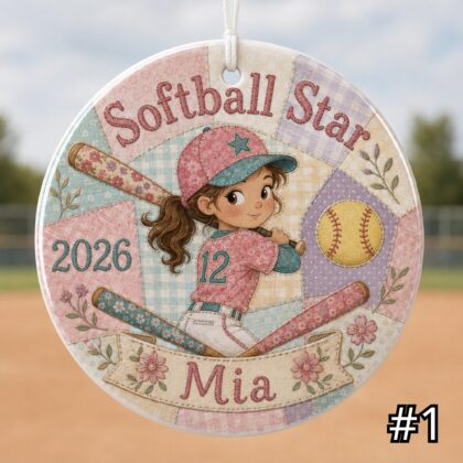Personalized Softball Baseball Ceramic Ornament – Patchwork Quilt Style Sports Keepsake