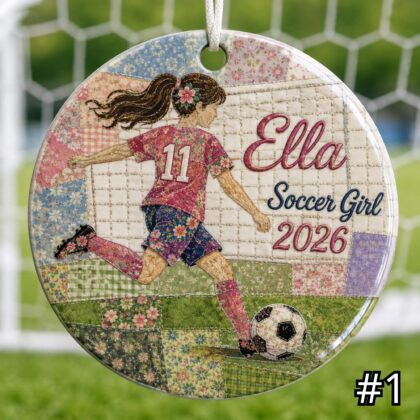 Personalized Soccer Ceramic Ornament – Patchwork Quilt Style Sports Keepsake
