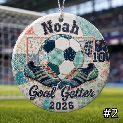 Alternative view of Personalized Soccer Ceramic Ornament – Patchwork Quilt Style Sports Keepsake