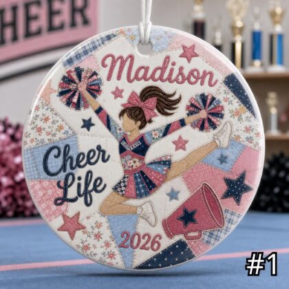 Personalized Cheerleader Ceramic Ornament – Patchwork Quilt Style Sports Keepsake