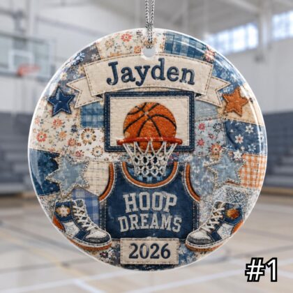 Personalized Basketball Ceramic Ornament – Patchwork Quilt Style Sports Keepsake