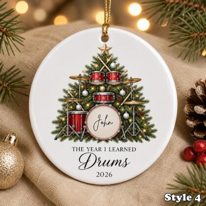 Personalized Drummer Christmas Ornament – Custom Name Ceramic Drum Set Tree Keepsake - Image 4