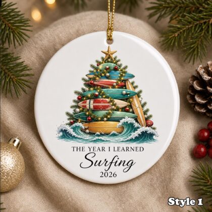 Personalized Surfing Christmas Ornament – Custom Name Ceramic Surfboard Beach Tree Keepsake