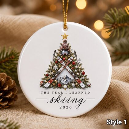 Personalized Skiing Christmas Ornament – Custom Name Ceramic Ski Tree Keepsake