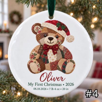 Personalized Baby First Christmas Ornament – Patchwork Teddy Bear Birth Stats Keepsake - Image 4