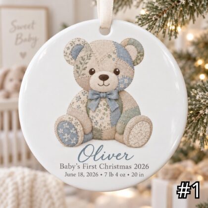 Personalized Baby First Christmas Ornament – Patchwork Teddy Bear Birth Stats Keepsake