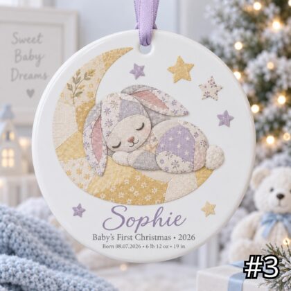 Personalized Baby First Christmas Ornament – Patchwork Bunny Birth Stats Keepsake - Image 3