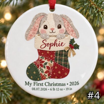 Personalized Baby First Christmas Ornament – Patchwork Bunny Birth Stats Keepsake - Image 4