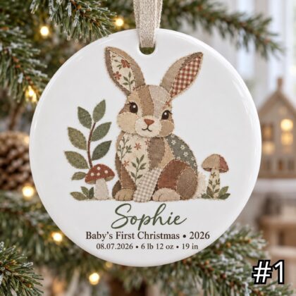 Personalized Baby First Christmas Ornament – Patchwork Bunny Birth Stats Keepsake