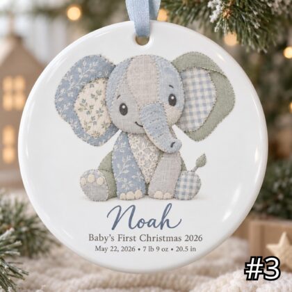 Personalized Baby First Christmas Ornament – Patchwork Elephant Birth Stats Keepsake - Image 3