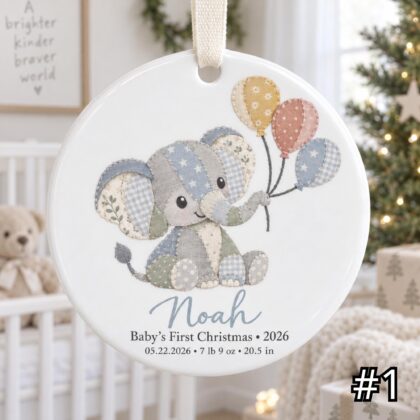 Personalized Baby First Christmas Ornament – Patchwork Elephant Birth Stats Keepsake