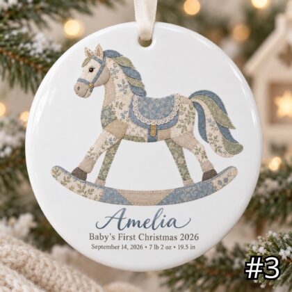 Personalized Baby First Christmas Ornament – Patchwork Rocking Horse Birth Stats Keepsake - Image 3