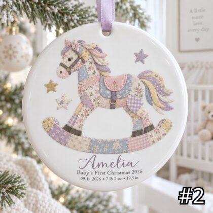 Alternative view of Personalized Baby First Christmas Ornament – Patchwork Rocking Horse Birth Stats Keepsake