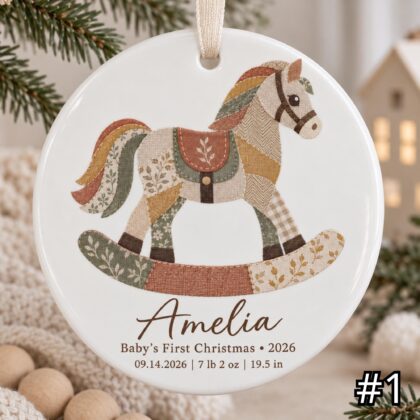 Personalized Baby First Christmas Ornament – Patchwork Rocking Horse Birth Stats Keepsake