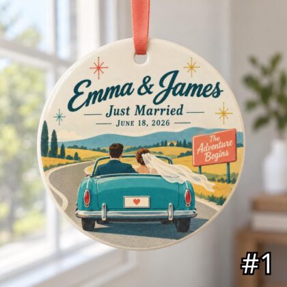 Personalized Retro Wedding Ornament – Just Married Vintage Car Ceramic Keepsake