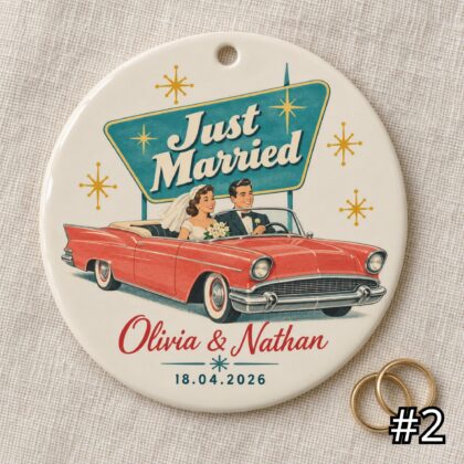 Alternative view of Personalized Retro Wedding Ornament – Just Married Vintage Car Ceramic Keepsake