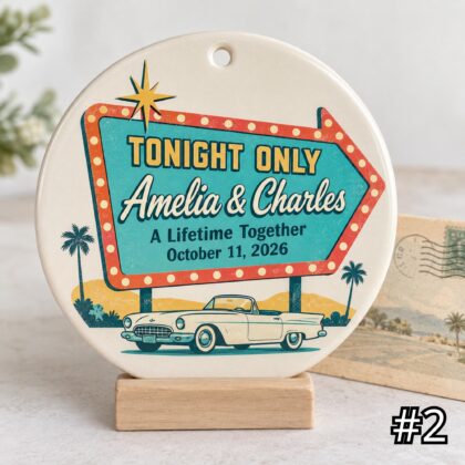 Alternative view of Personalized Drive In Wedding Ornament – Retro Couple Ceramic Keepsake