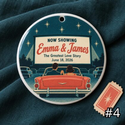 Personalized Drive In Wedding Ornament – Retro Couple Ceramic Keepsake - Image 4