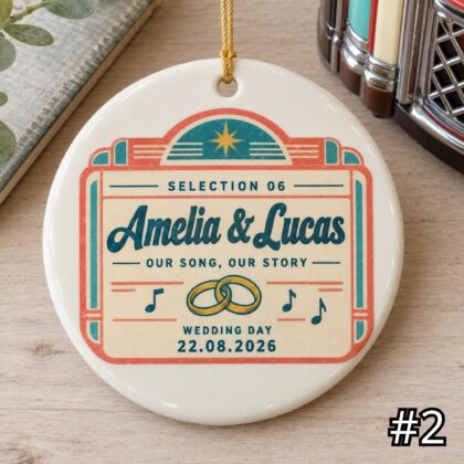 Alternative view of Personalized Wedding Record Ornament – Our Song Retro Ceramic Keepsake