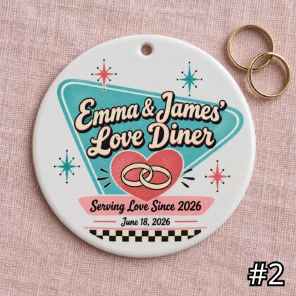 Alternative view of Personalized Retro Wedding Diner Ornament – Custom Couple Names and Date Ceramic Keepsake