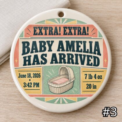Personalized Baby Birth Ornament – Retro Special Delivery Ceramic Keepsake - Image 3