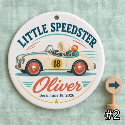 Alternative view of Personalized Baby Ornament – Little Cruiser Retro Car Ceramic Keepsake
