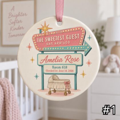 Personalized Baby Motel Key Ornament – Room for One More Retro Ceramic Keepsake