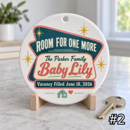 Alternative view of Personalized Baby Motel Key Ornament – Room for One More Retro Ceramic Keepsake