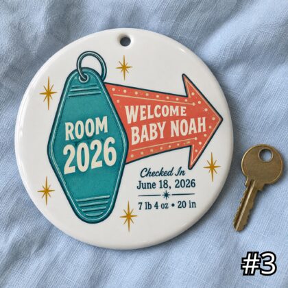 Personalized Baby Motel Key Ornament – Room for One More Retro Ceramic Keepsake - Image 3