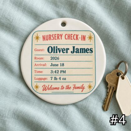 Personalized Baby Motel Key Ornament – Room for One More Retro Ceramic Keepsake - Image 4