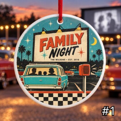 Personalized Family Drive In Ceramic Ornament – Retro 50s Movie Marquee Decor