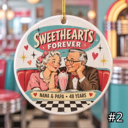 Alternative view of Personalized Grandparents Ceramic Ornament – Our Love Story Retro 50s Anniversary Gift