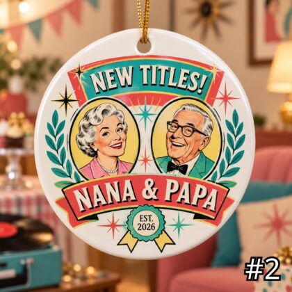 Alternative view of Personalized New Grandparents Ceramic Ornament – Promoted to Grandma and Grandpa Retro 50s Baby Announcement
