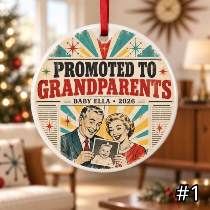 Personalized New Grandparents Ceramic Ornament – Promoted to Grandma and Grandpa Retro 50s Baby Announcement