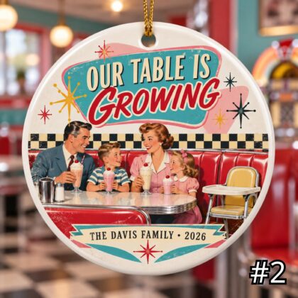 Alternative view of Personalized Growing Family Ceramic Ornament – Retro 50s New Baby Adoption or Blended Family Gift