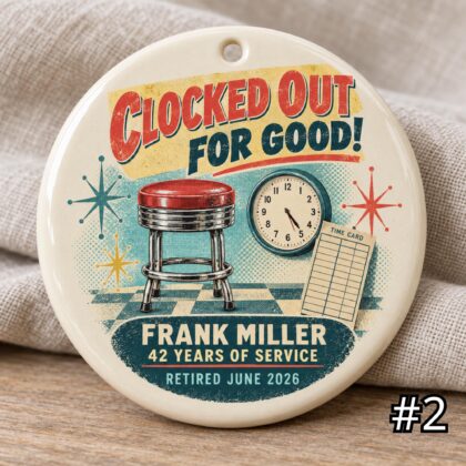 Alternative view of Personalized Retirement Ceramic Ornament – Clocked Out for Good Retro 50s Gift