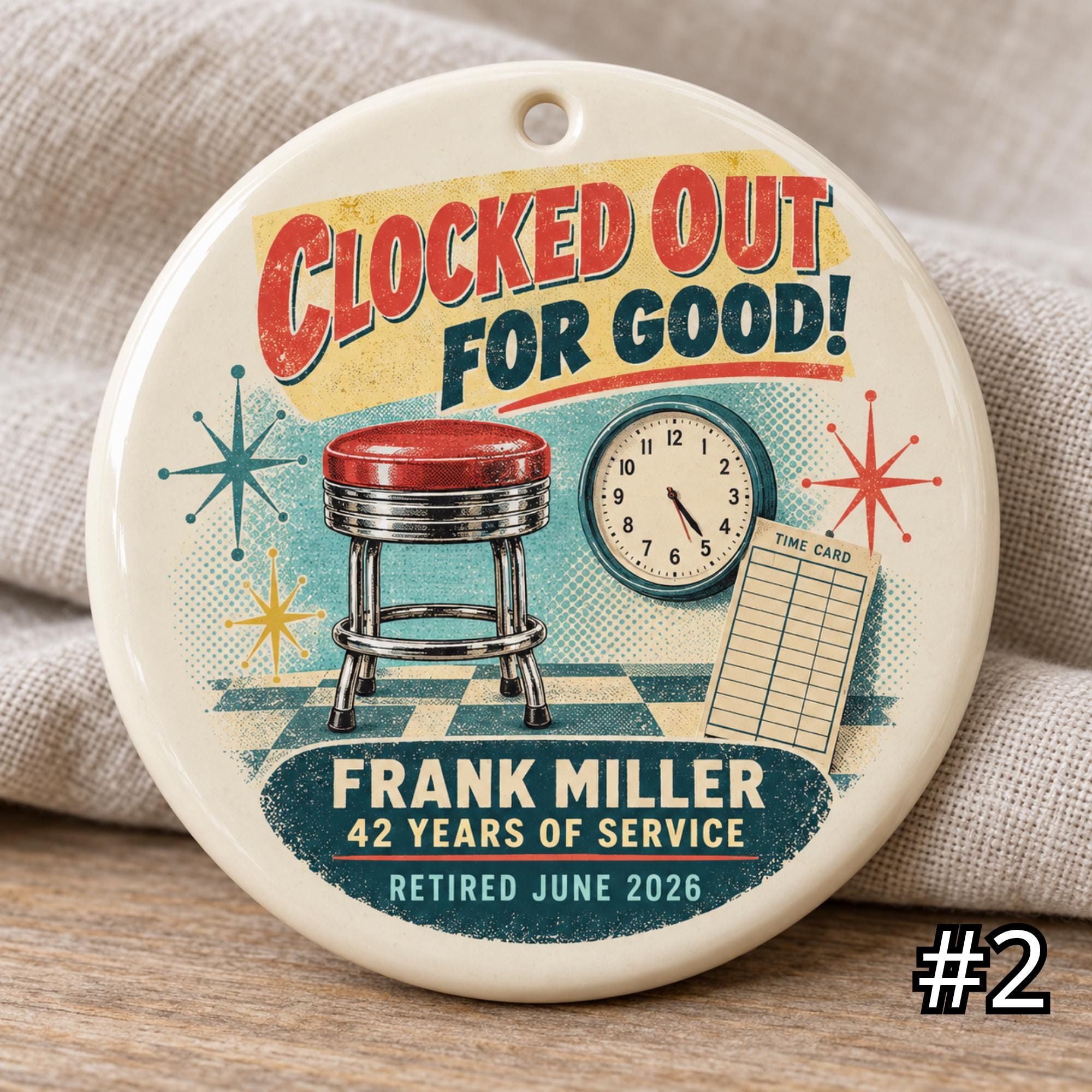 Personalized Retirement Ceramic Ornament – Clocked Out for Good Retro 50s Gift - Image 2