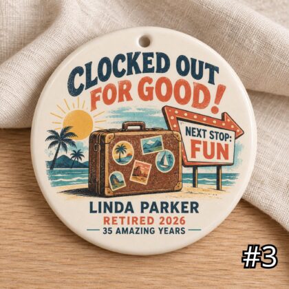 Personalized Retirement Ceramic Ornament – Clocked Out for Good Retro 50s Gift - Image 3