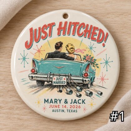 Personalized Wedding Ceramic Ornament – Just Hitched Retro 50s Couple Gift