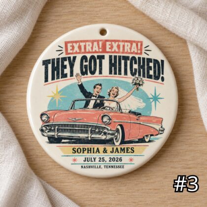 Personalized Wedding Ceramic Ornament – Just Hitched Retro 50s Couple Gift - Image 3