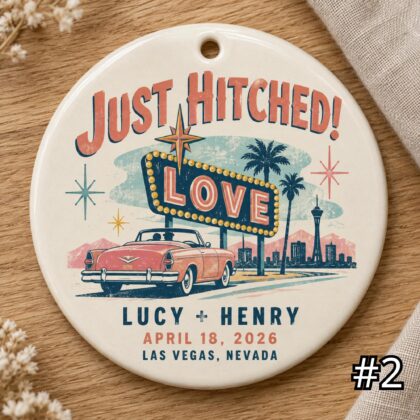 Alternative view of Personalized Wedding Ceramic Ornament – Just Hitched Retro 50s Couple Gift