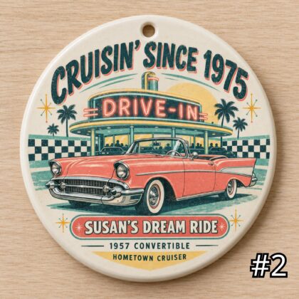 Alternative view of Personalized Classic Car Ceramic Ornament – Retro 50s Car Lover Gift