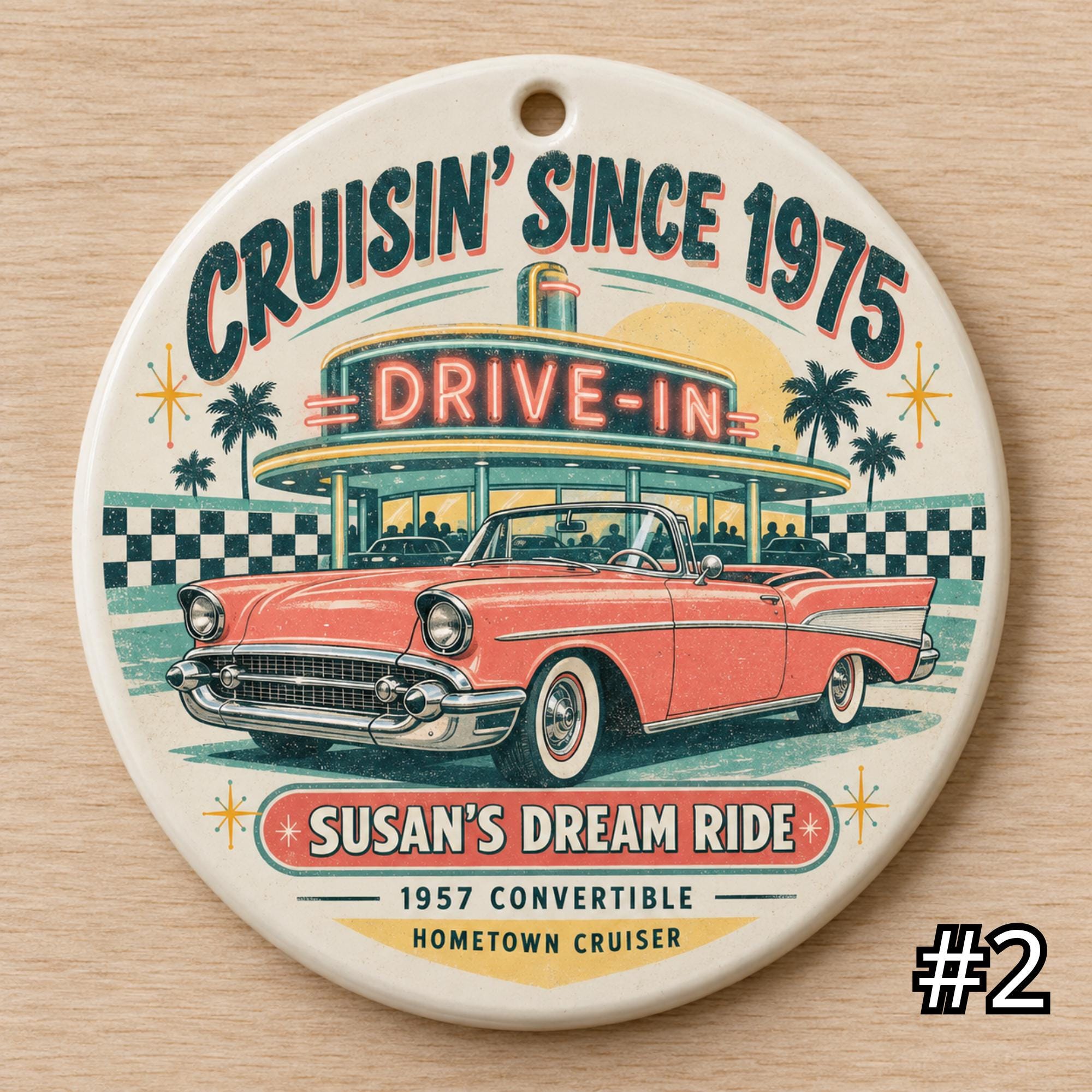 Personalized Classic Car Ceramic Ornament – Retro 50s Car Lover Gift - Image 2